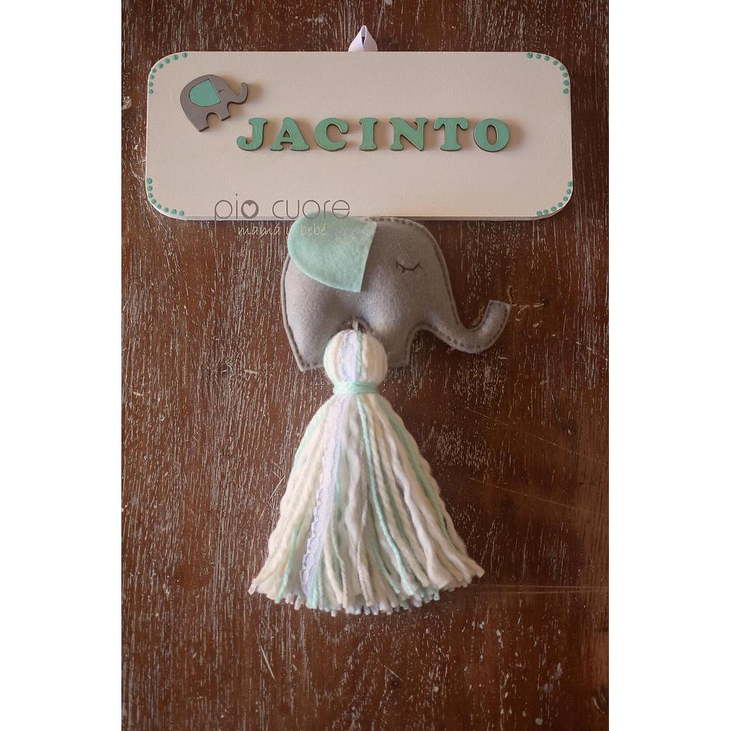 Cartel JACINTO con elefante y nube en gris, verde agua y blanco