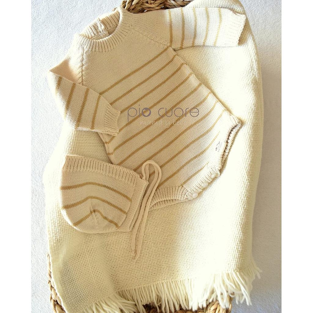 Conjunto bodie a rayas y capota en arena y tostado. Talle 3 a 6 meses