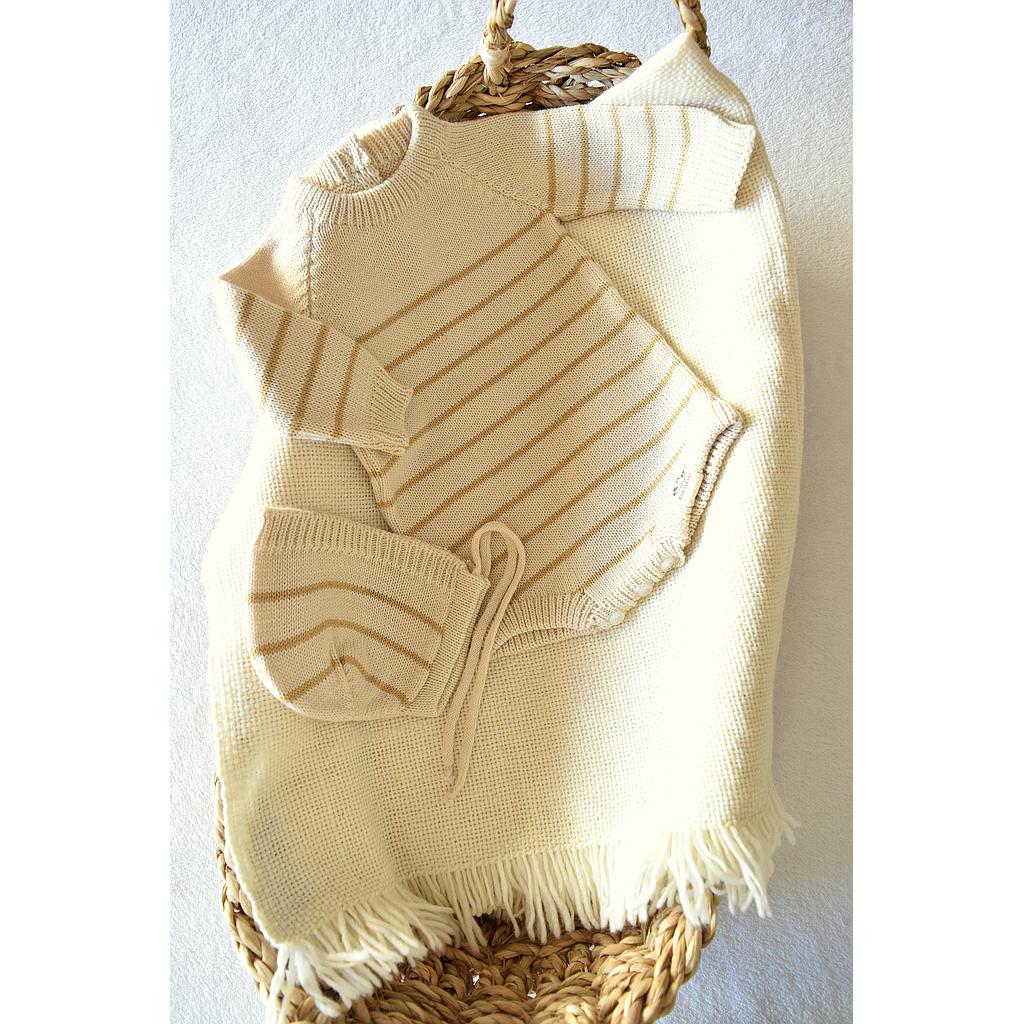 Conjunto de bodie rayado en dralon y capota arena y beige. Talle RN