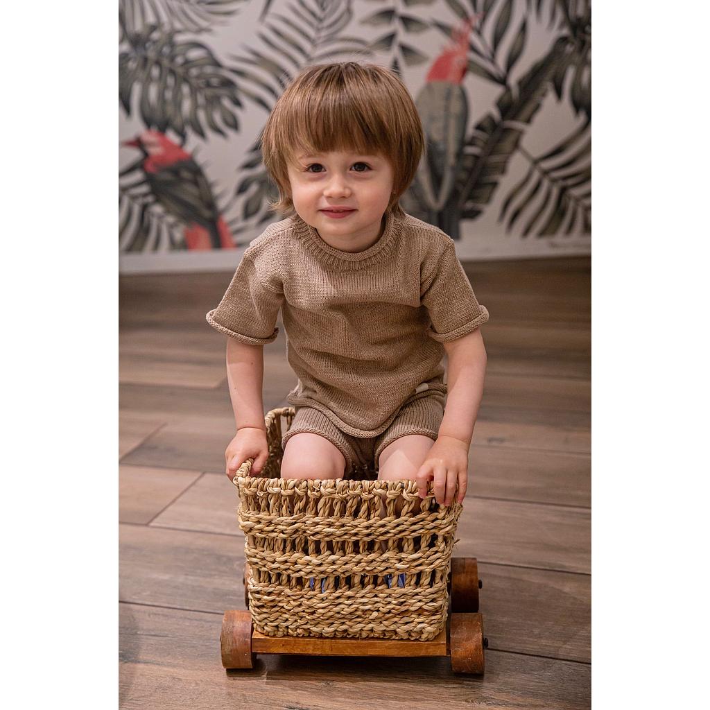 Conjunto &quot;MAXI&quot; en hilo de algodón de buzo manga corta y short. Color Marron. Talle 18 a 24 meses