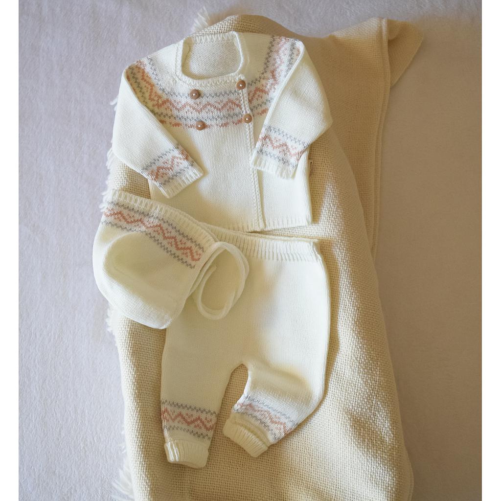 Conjunto en dralon/ hilo de algodón VENETO en marfil con detalles en rosa viejo