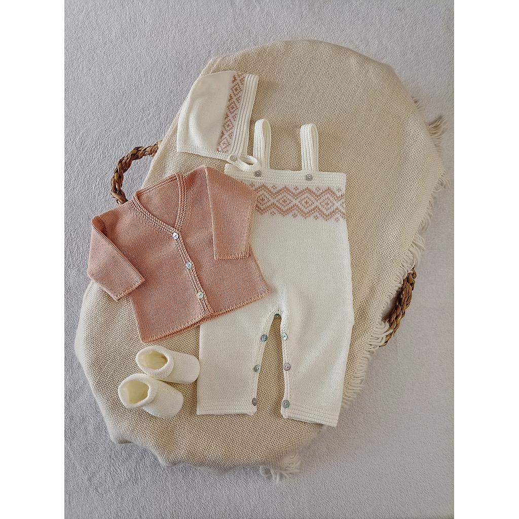 Set MALI de 4 piezas versión saco rosa empolvado. Dralon. De 0 a 3 meses